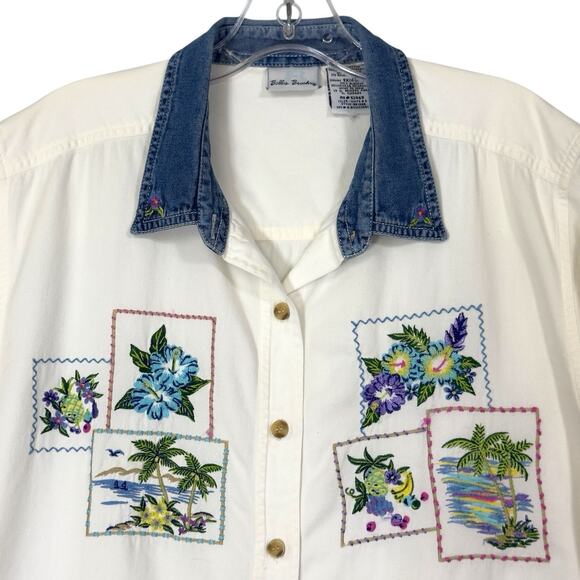 VTG Bobbie Brooks Button Shirt XL Wht/Denim Embroidered Cottage Western Tropical - Picture 2 of 14
